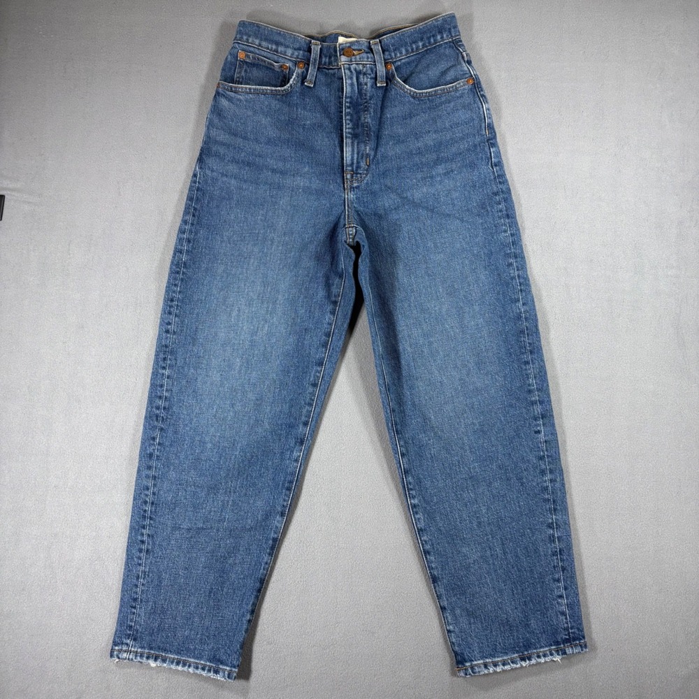 Madewell Balloon Jeans Women 27 Blue Excellent High Rise Tapered Distressed Hem